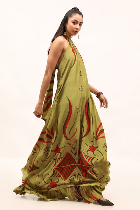 Buy_Kritika Murarka_Green Viscose, Crepe Halter Neck Printed Maxi Dress_Online_at_Aza_Fashions