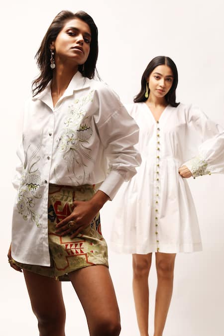 Kritika Murarka_White Cotton Embroidery Collared Thread Shirt _Online_at_Aza_Fashions