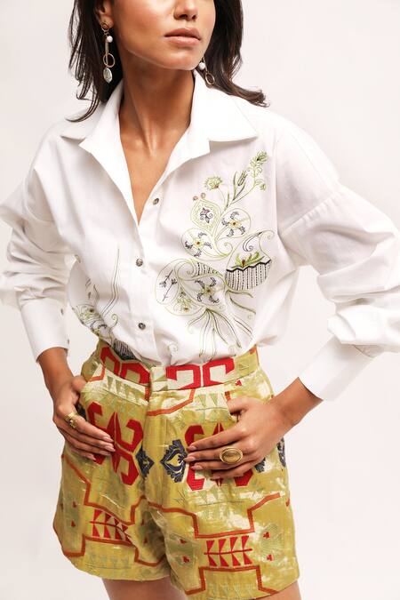 Buy_Kritika Murarka_White Cotton Embroidery Collared Thread Shirt _Online_at_Aza_Fashions