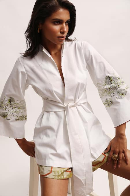 Kritika Murarka_White Cotton Embroidery Collared Sleeve Wrap Top _Online_at_Aza_Fashions
