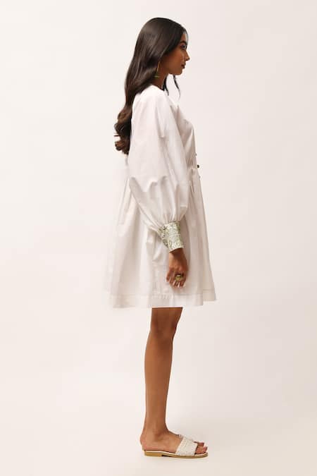 Buy_Kritika Murarka_White Cotton Embroidery V-neck Cuff And Gathered Dress _Online_at_Aza_Fashions