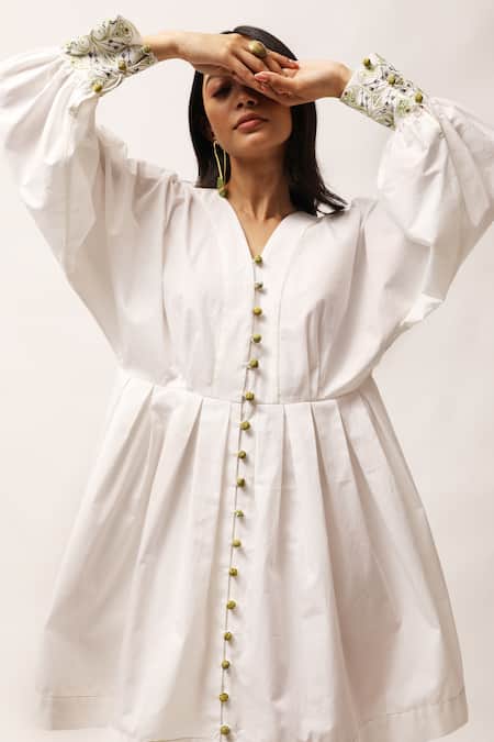 Shop_Kritika Murarka_White Cotton Embroidery V-neck Cuff And Gathered Dress _Online_at_Aza_Fashions