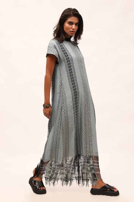 Buy_Kritika Murarka_Blue Cotton, Linen Embroidery High Neck Geometric Pattern Dress _Online_at_Aza_Fashions