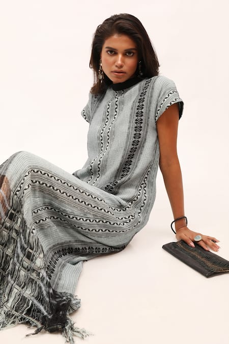 Kritika Murarka_Blue Cotton, Linen Embroidery High Neck Geometric Pattern Dress _at_Aza_Fashions
