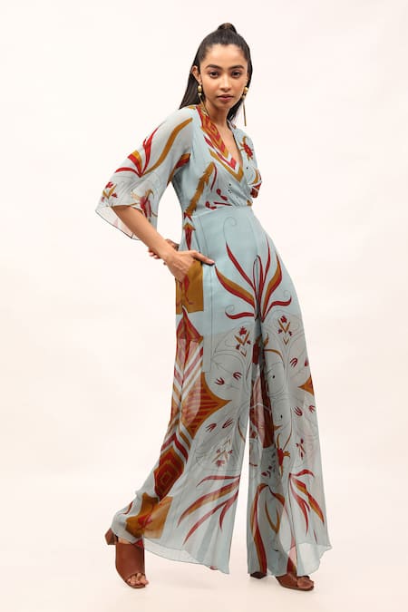 Shop_Kritika Murarka_Blue Chiffon V-neck Paisley Print Jumpsuit _Online_at_Aza_Fashions