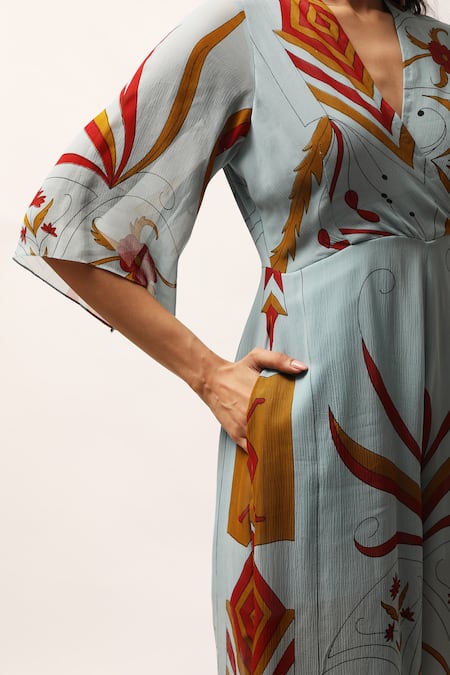 Kritika Murarka_Blue Chiffon V-neck Paisley Print Jumpsuit _at_Aza_Fashions