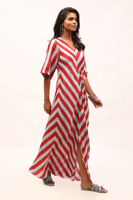 Buy_Kritika Murarka_Blue Cotton, Silk V-neck Striped Print A-line Dress_Online_at_Aza_Fashions