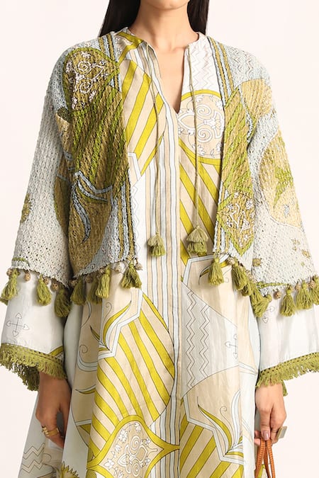 Kritika Murarka Blue Fringed Hem Cape Jacket Online at Aza Fashions Kritika Murarka_Blue Fringed Hem Cape Jacket _Online_at_Aza_Fashions