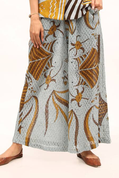 Kritika Murarka Blue Cotton Net Printed Floral Wide-legged Pant Online at Aza Fashions Kritika Murarka_Blue Cotton Net Printed Floral Wide-legged Pant _Online_at_Aza_Fashions