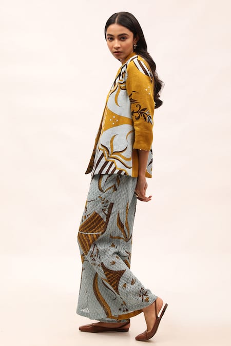 Buy_Kritika Murarka_Blue Cotton Net Printed Floral Wide-legged Pant  _Online_at_Aza_Fashions