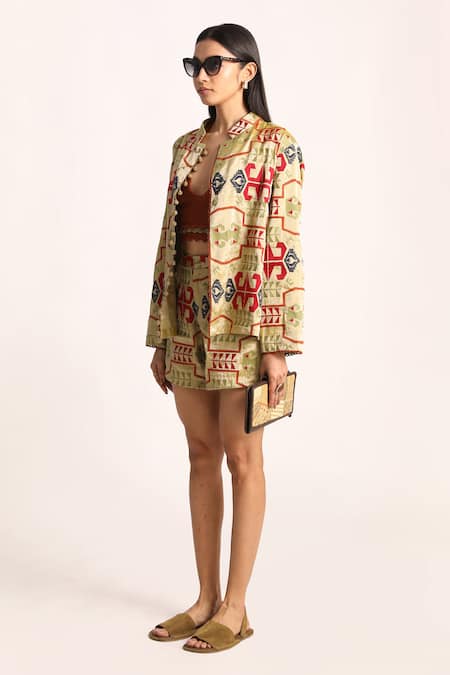 Buy_Kritika Murarka_Green Tissue Embroidery Thread Shorts _Online_at_Aza_Fashions