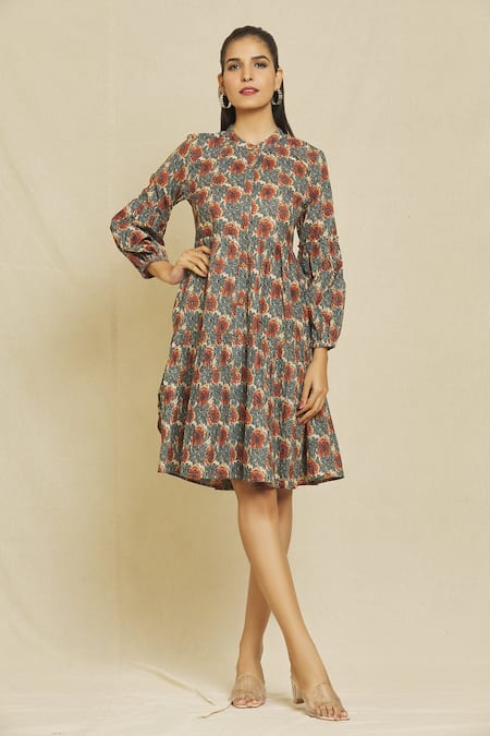 Samyukta Singhania Multi Color Cotton Printed Bloom Round Collar Tiered Dress 