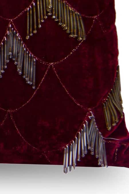 Shop_Alcove_Red Viscose Embroidered Fringe Detailed Cushion Cover_at_Aza_Fashions