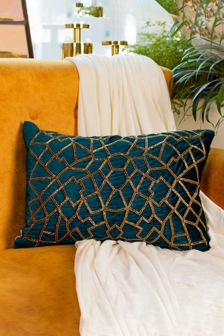 ALCOVE Blue Viscose Embroidered Geometric Rectangle Cushion Cover 