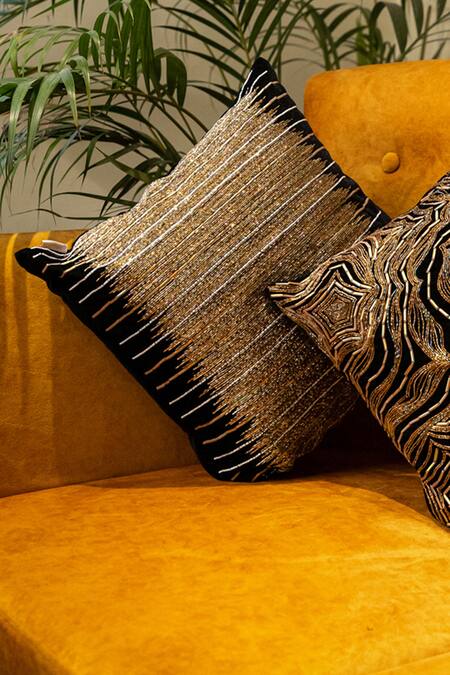 Shop Alcove Black Viscose Embroidered Glass Beads Square Cushion Cover at Aza Fashions Shop_Alcove_Black Viscose Embroidered Glass Beads Square Cushion Cover_at_Aza_Fashions