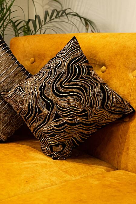 Shop Alcove Black Viscose Embroidered Sequin Square Marble Cushion Cover at Aza Fashions Shop_Alcove_Black Viscose Embroidered Sequin Square Marble Cushion Cover_at_Aza_Fashions