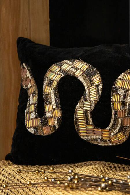 Shop Alcove Black Viscose Embroidered Sequin Python Cushion Cover at Aza Fashions Shop_Alcove_Black Viscose Embroidered Sequin Python Cushion Cover_at_Aza_Fashions