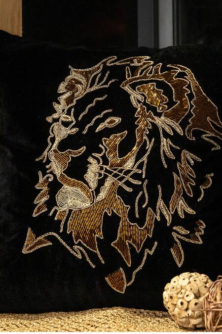 Shop Alcove Black Viscose Embroidered Square Lion Cushion Cover at Aza Fashions Shop_Alcove_Black Viscose Embroidered Square Lion Cushion Cover_at_Aza_Fashions