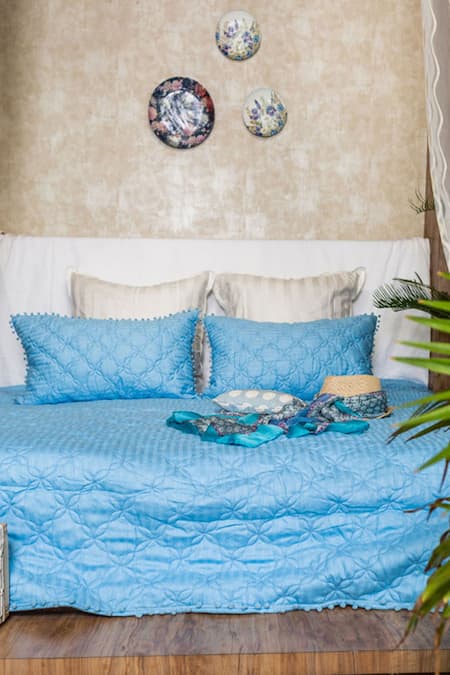ALCOVE Blue Cotton Quilted Geometric Pattern Bedspread