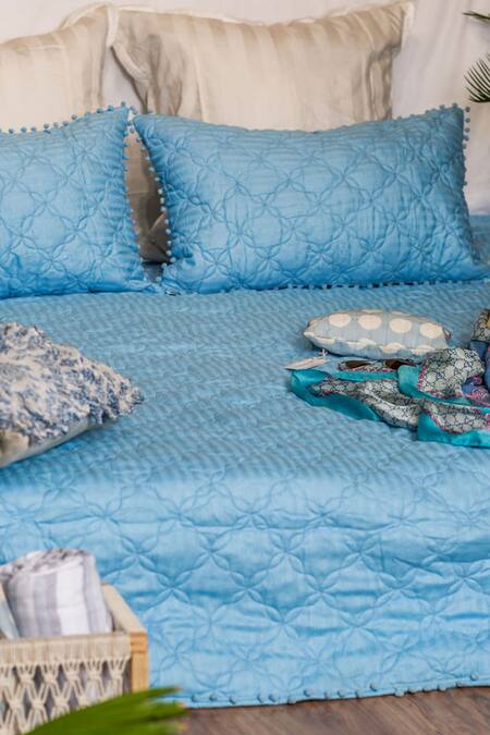 Shop_Alcove_Blue Cotton Quilted Geometric Pattern Bedspread_at_Aza_Fashions