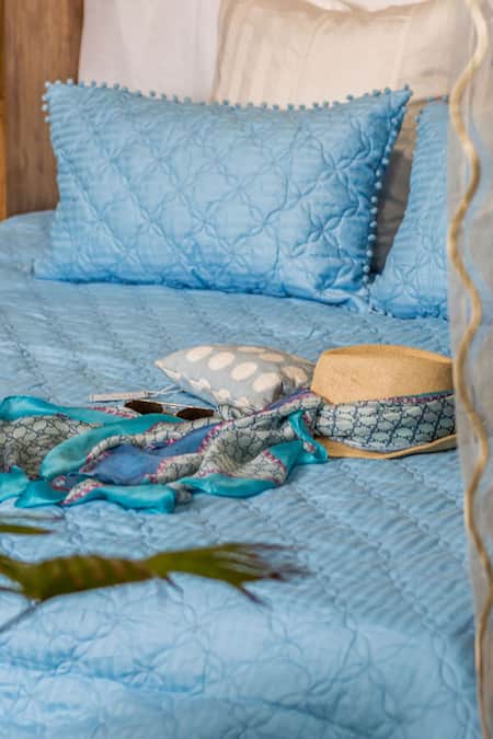 Alcove_Blue Cotton Quilted Geometric Pattern Bedspread_Online_at_Aza_Fashions