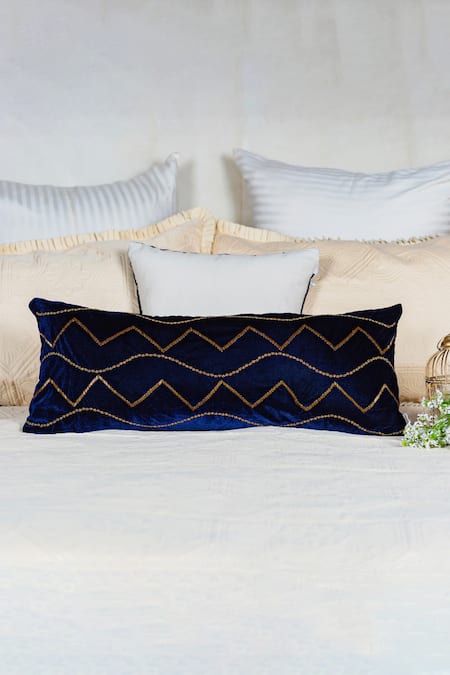 ALCOVE Blue Viscose Embroidery Zig Zag Lumbar Cushion Cover