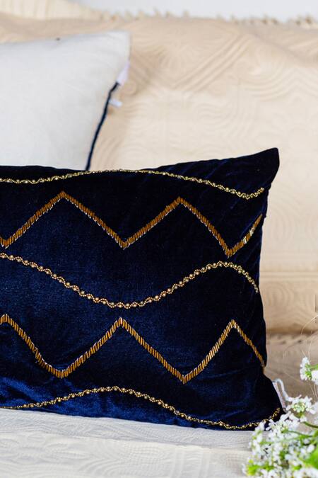 Alcove Blue Viscose Embroidery Zig Zag Lumbar Cushion Cover Online at Aza Fashions Alcove_Blue Viscose Embroidery Zig Zag Lumbar Cushion Cover_Online_at_Aza_Fashions