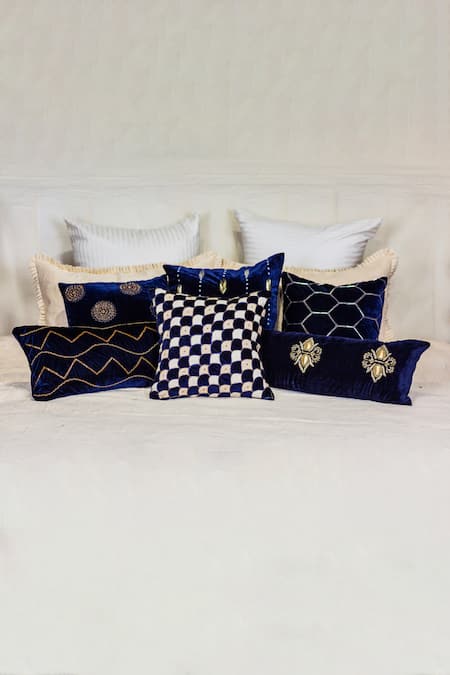 Shop_Alcove_Blue Viscose Embroidery Beetle Cushion Cover _at_Aza_Fashions