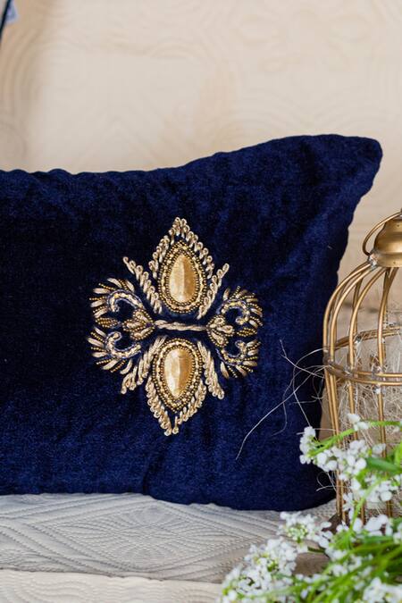 Alcove_Blue Viscose Embroidery Beetle Cushion Cover _Online_at_Aza_Fashions