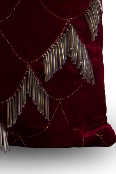 Shop_Alcove_Maroon Viscose Embroidery Fringe Cushion Cover _at_Aza_Fashions