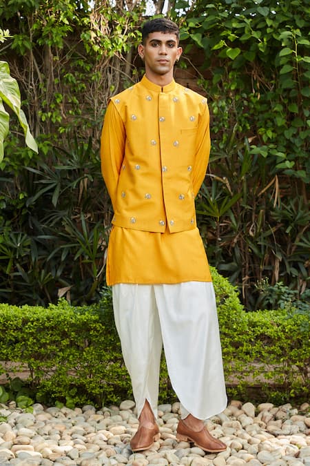 Bohame Yellow Cotton Silk Tussar Embroidered Floral Numair Sprig Jacket Kurta Set 