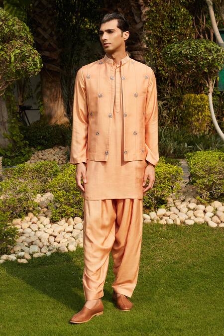 Bohame Gold Cotton, Silk, Tussar Embroidery Adeem Botanic Jacket Kurta Set Online at Aza Fashions Bohame_Gold Cotton, Silk, Tussar Embroidery Adeem Botanic Jacket Kurta Set_Online_at_Aza_Fashions