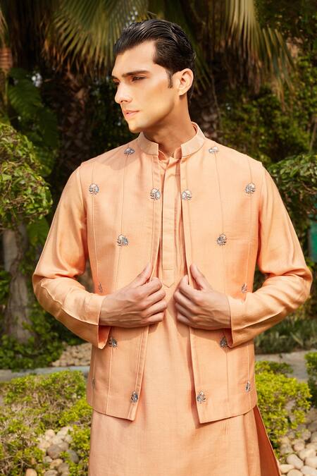Buy Bohame Gold Cotton, Silk, Tussar Embroidery Adeem Botanic Jacket Kurta Set Online at Aza Fashions Buy_Bohame_Gold Cotton, Silk, Tussar Embroidery Adeem Botanic Jacket Kurta Set_Online_at_Aza_Fashions