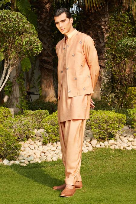 Shop Bohame Gold Cotton, Silk, Tussar Embroidery Adeem Botanic Jacket Kurta Set Online at Aza Fashions Shop_Bohame_Gold Cotton, Silk, Tussar Embroidery Adeem Botanic Jacket Kurta Set_Online_at_Aza_Fashions