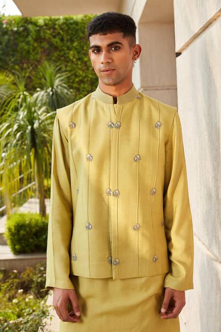 Bohame_Green Cotton, Silk, Tussar Embroidery Emir Pintuck Jacket Kurta Set_Online_at_Aza_Fashions