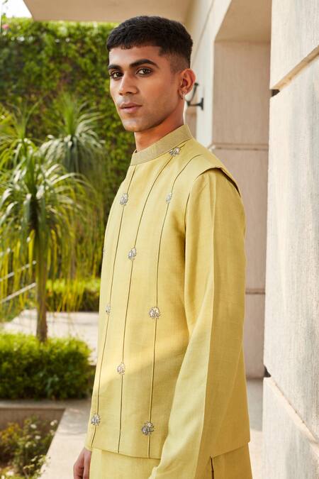 Buy_Bohame_Green Cotton, Silk, Tussar Embroidery Emir Pintuck Jacket Kurta Set_Online_at_Aza_Fashions