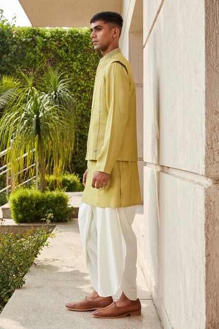 Shop_Bohame_Green Cotton, Silk, Tussar Embroidery Emir Pintuck Jacket Kurta Set_Online_at_Aza_Fashions