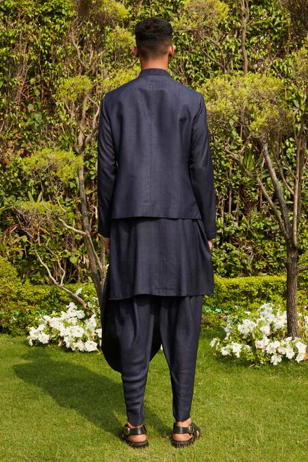 Shop Bohame Blue Cotton, Silk, Tussar Embroidery Rahim Asymmetric Panel Jacket Kurta Set at Aza Fashions Shop_Bohame_Blue Cotton, Silk, Tussar Embroidery Rahim Asymmetric Panel Jacket Kurta Set_at_Aza_Fashions