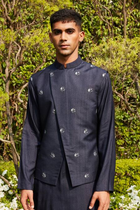 Bohame Blue Cotton, Silk, Tussar Embroidery Rahim Asymmetric Panel Jacket Kurta Set Online at Aza Fashions Bohame_Blue Cotton, Silk, Tussar Embroidery Rahim Asymmetric Panel Jacket Kurta Set_Online_at_Aza_Fashions