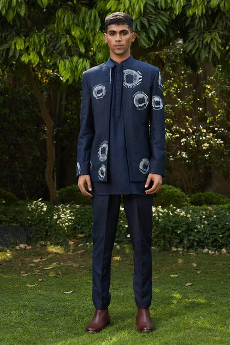 Bohame_Blue Cotton, Silk, Tussar Embroidery Ayman Circular Jacket Kurta Set_Online_at_Aza_Fashions