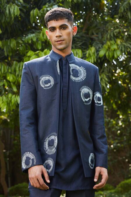 Shop_Bohame_Blue Cotton, Silk, Tussar Embroidery Ayman Circular Jacket Kurta Set_Online_at_Aza_Fashions