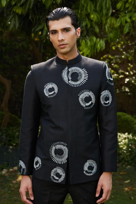 Bohame_Black Cotton, Silk, Tussar Embroidery Cairo Bandhgala Pant Set_Online_at_Aza_Fashions