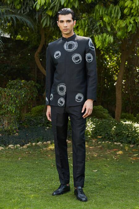 Buy_Bohame_Black Cotton, Silk, Tussar Embroidery Cairo Bandhgala Pant Set_Online_at_Aza_Fashions