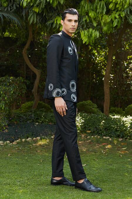 Shop_Bohame_Black Cotton, Silk, Tussar Embroidery Cairo Bandhgala Pant Set_Online_at_Aza_Fashions