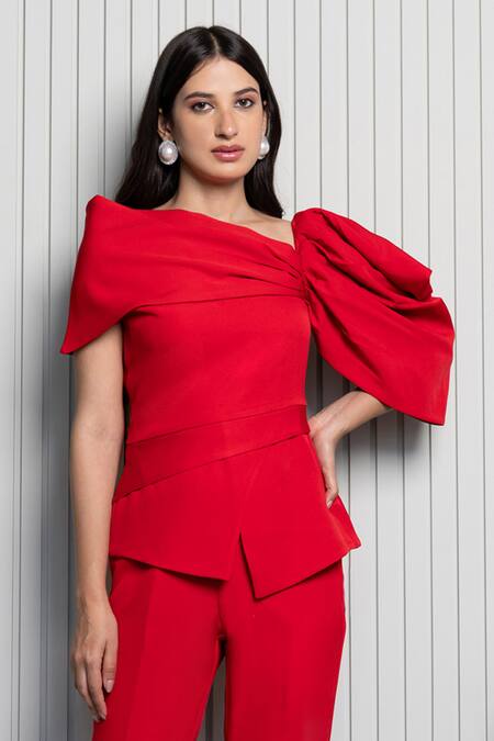 B'Infinite Red Crepe Plain Asymmetric Neck Scarlet Draped Top Online at Aza Fashions B'Infinite_Red Crepe Plain Asymmetric Neck Scarlet Draped Top_Online_at_Aza_Fashions