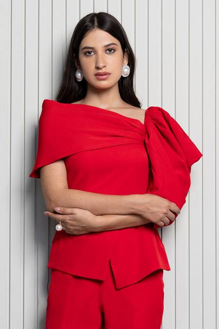 Shop B'Infinite Red Crepe Plain Asymmetric Neck Scarlet Draped Top Online at Aza Fashions Shop_B'Infinite_Red Crepe Plain Asymmetric Neck Scarlet Draped Top_Online_at_Aza_Fashions