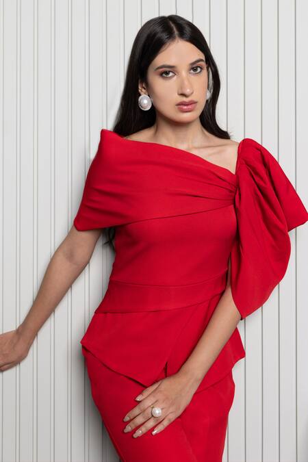 B'Infinite Red Crepe Plain Asymmetric Neck Scarlet Draped Top at Aza Fashions B'Infinite_Red Crepe Plain Asymmetric Neck Scarlet Draped Top_at_Aza_Fashions