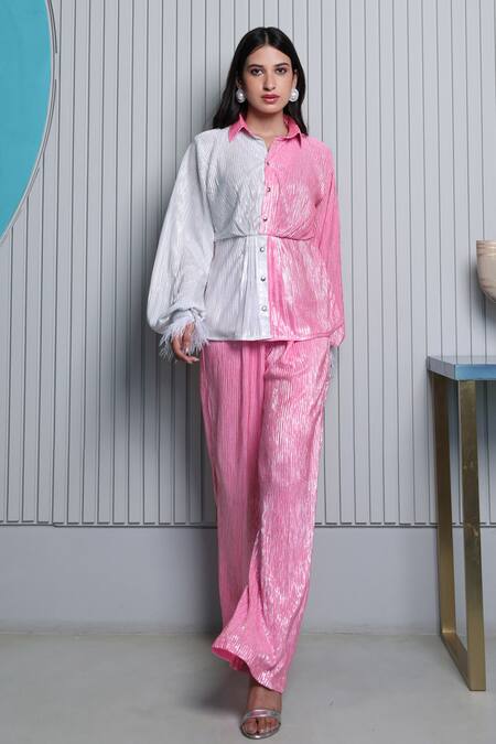 Shop_B'Infinite_White Lycra Embellished Feather Tassels And Pleated Metallic Shirt & Trouser Set_Online_at_Aza_Fashions
