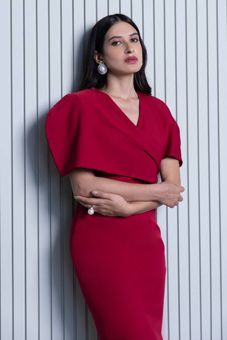 B'Infinite Maroon Crepe Plain V Neck Garnet Draped Sleeve Dress at Aza Fashions B'Infinite_Maroon Crepe Plain V Neck Garnet Draped Sleeve Dress_at_Aza_Fashions