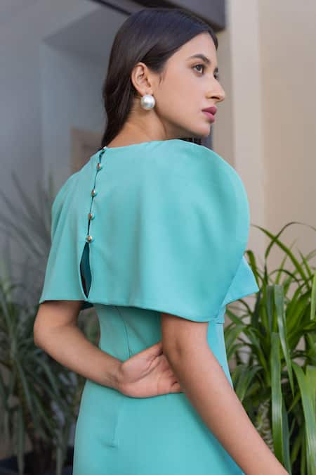 Shop B'Infinite Green Crepe V-neck Draped Sleeve Bodycon Dress at Aza Fashions Shop_B'Infinite_Green Crepe V-neck Draped Sleeve Bodycon Dress _at_Aza_Fashions